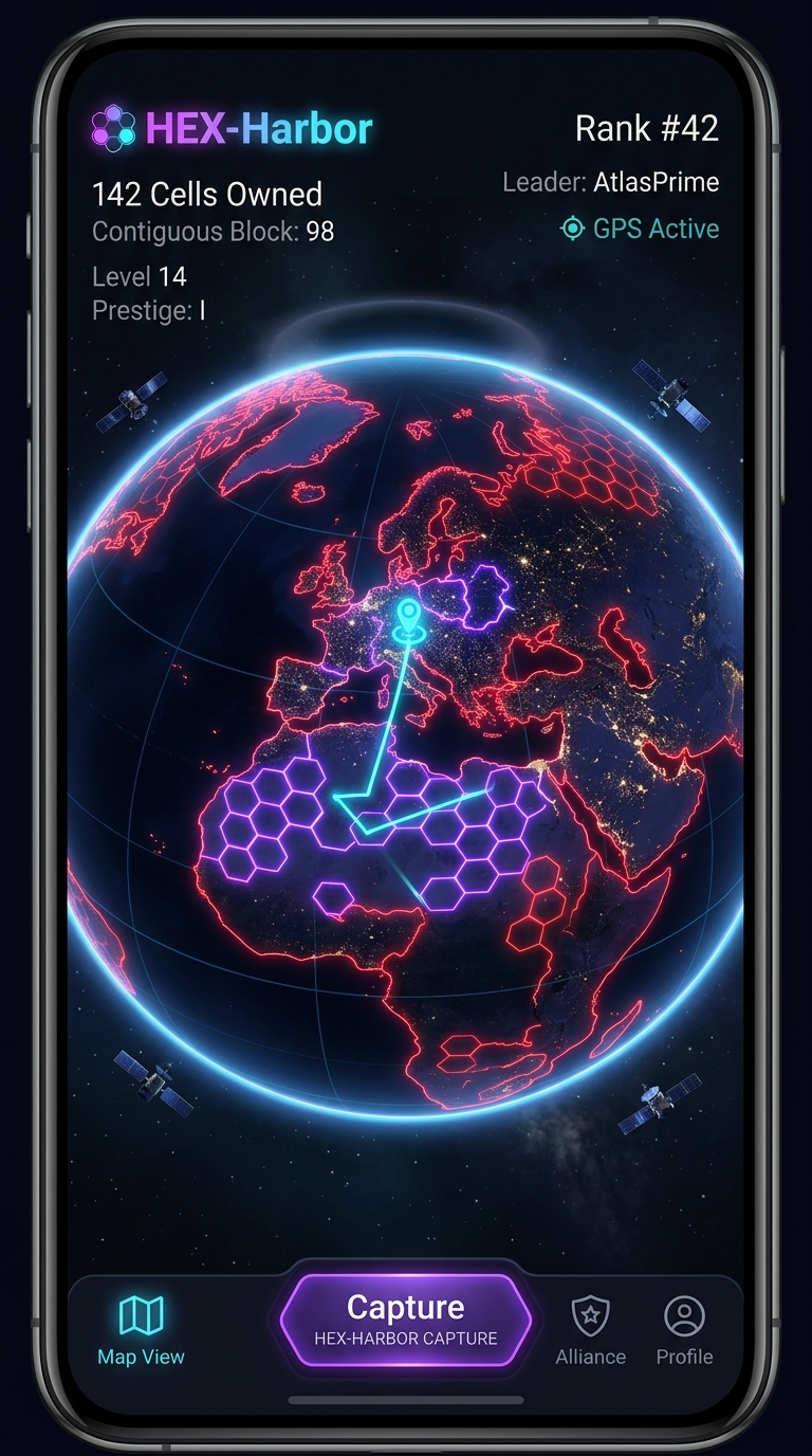 Skärmdump av HEX-Harbor-appen med hexagonkarta